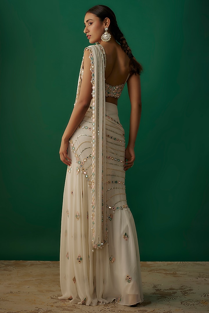 Ivory Raw Silk & Georgette Mirror Embroidered Sharara Pant Reception Saree Set by Kresha Lulla at Pernia's Pop Up Shop