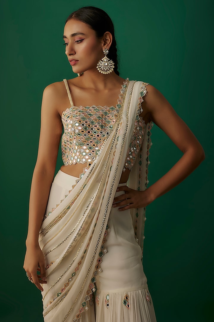 Ivory Raw Silk & Georgette Mirror Embroidered Sharara Pant Reception Saree Set by Kresha Lulla at Pernia's Pop Up Shop