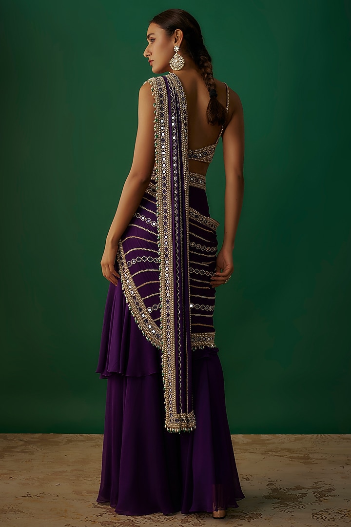 Purple Raw Silk & Georgette Mirror Embroidered Ruffled Pre-Stitched Reception Saree Set by Kresha Lulla at Pernia's Pop Up Shop