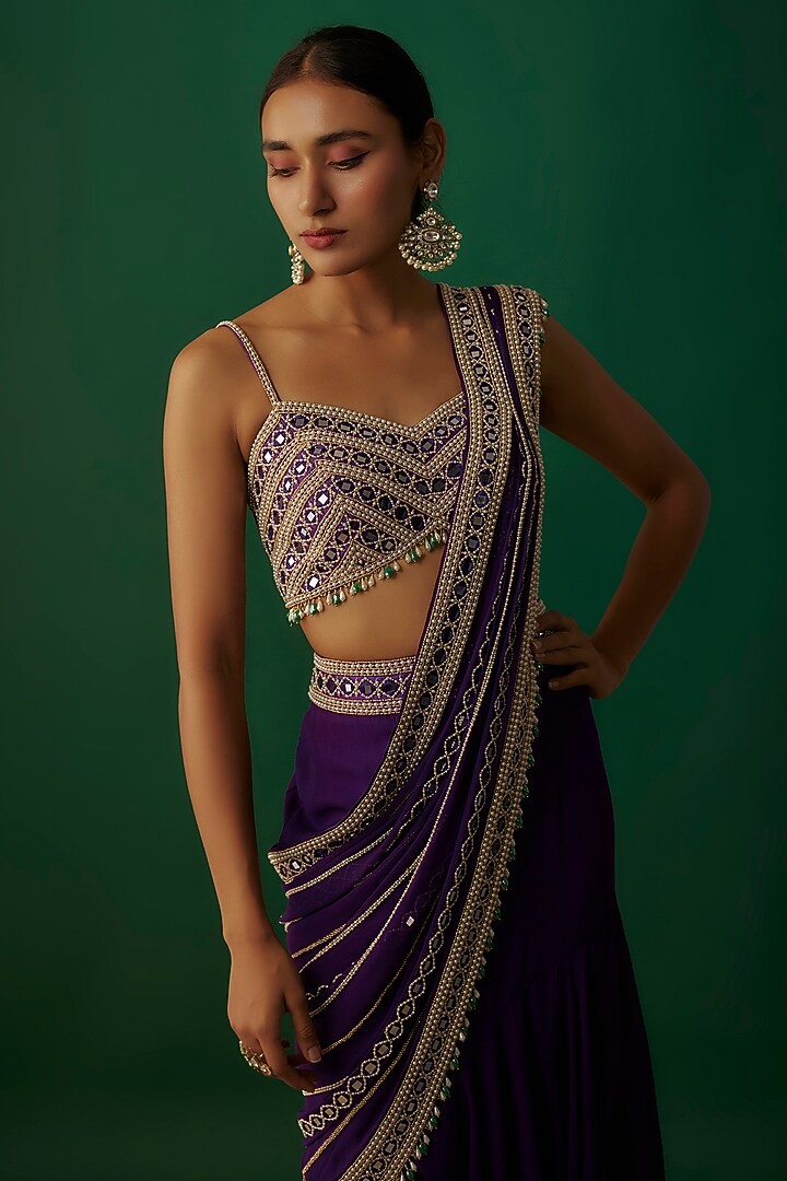 Purple Raw Silk & Georgette Mirror Embroidered Ruffled Pre-Stitched Reception Saree Set by Kresha Lulla at Pernia's Pop Up Shop