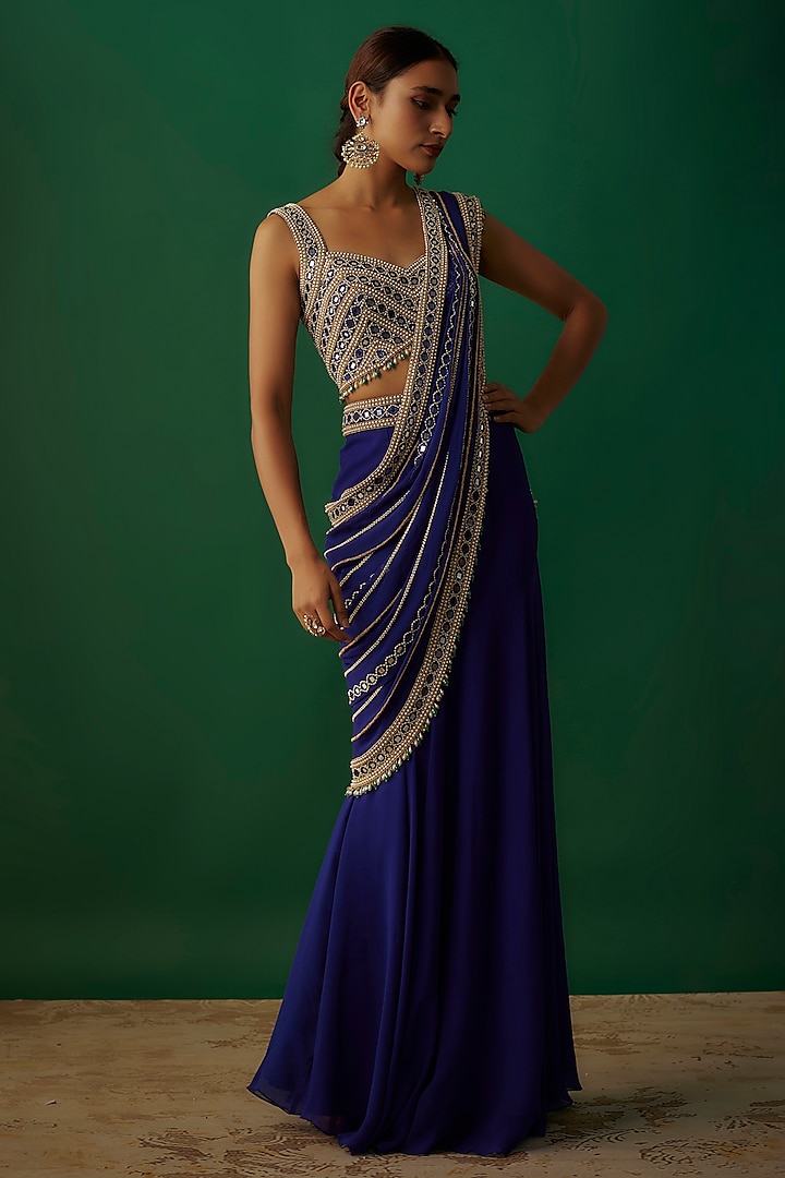 Blue Georgette Mirror Embroidered Ruffled Pre-Stitched Saree Set by Kresha Lulla