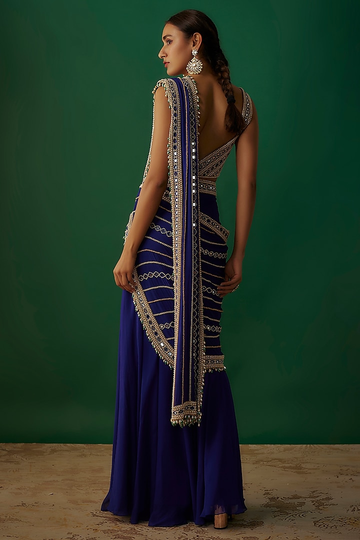 Blue Georgette Mirror Embroidered Ruffled Pre-Stitched Reception Saree Set by Kresha Lulla at Pernia's Pop Up Shop