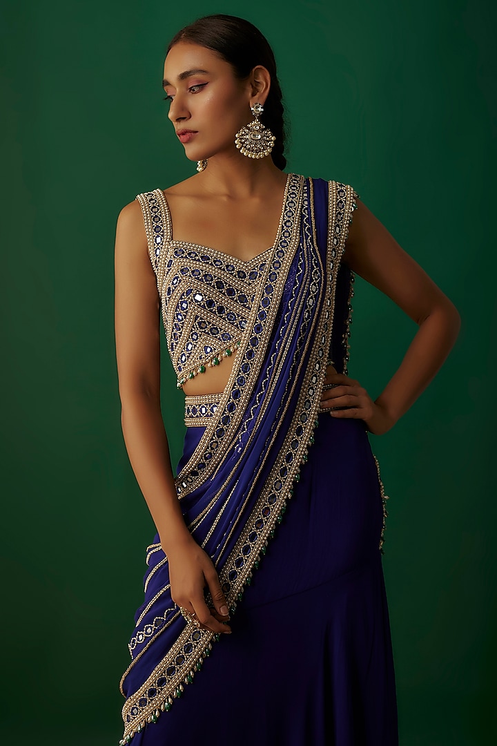 Blue Georgette Mirror Embroidered Ruffled Pre-Stitched Reception Saree Set by Kresha Lulla at Pernia's Pop Up Shop