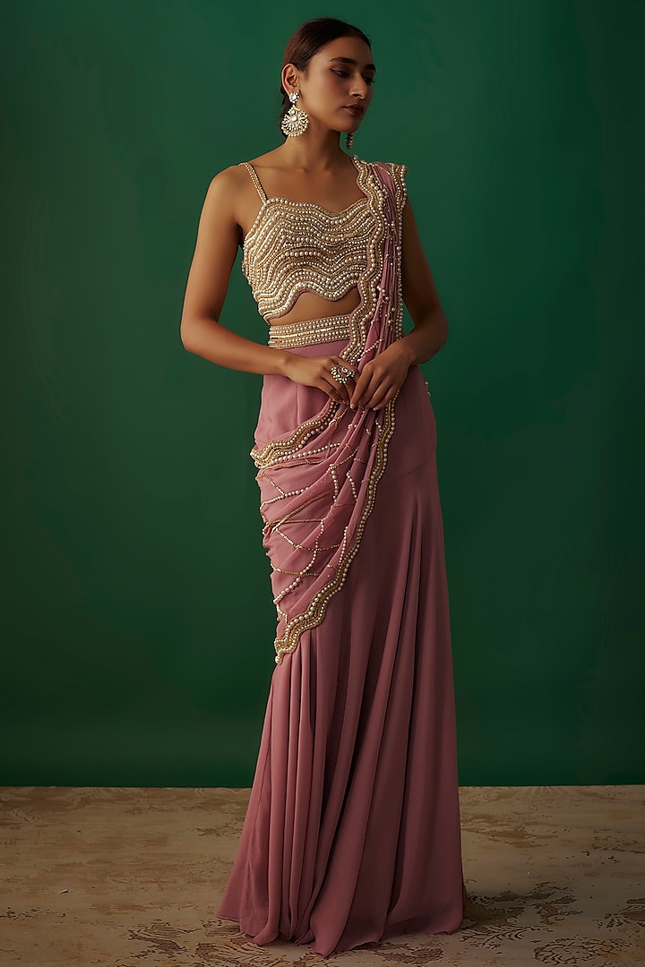 Mauve Georgette Pearl Embroidered Ruffled Pre-Stitched Saree Set by Kresha Lulla