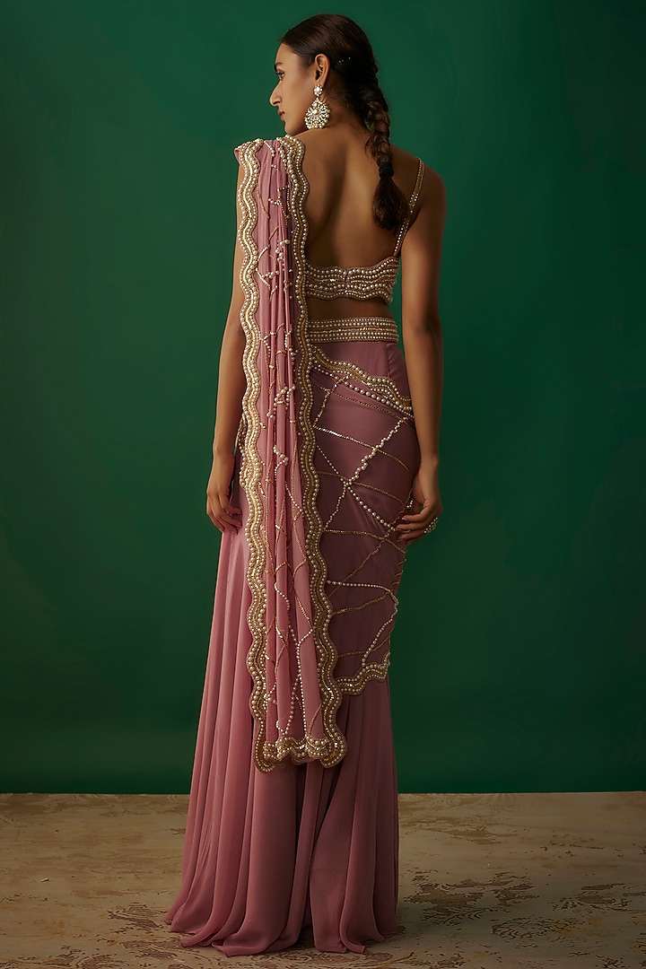 Mauve Georgette Pearl Embroidered Ruffled Pre-Stitched Reception Saree Set by Kresha Lulla at Pernia's Pop Up Shop