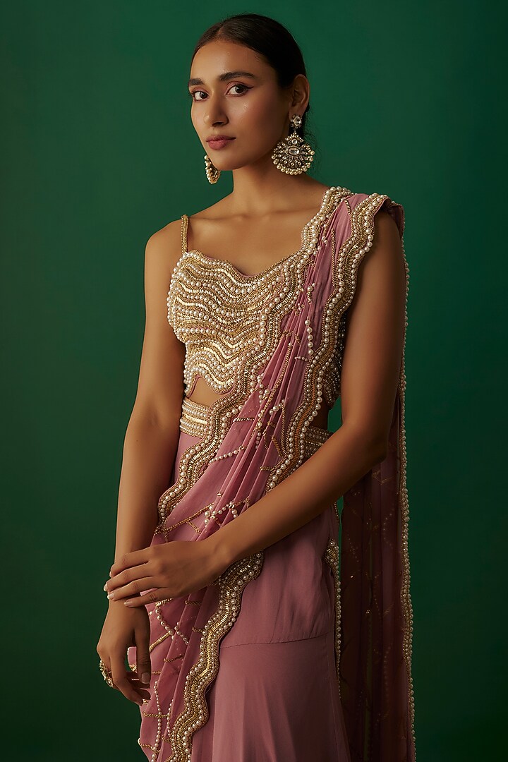 Mauve Georgette Pearl Embroidered Ruffled Pre-Stitched Reception Saree Set by Kresha Lulla at Pernia's Pop Up Shop
