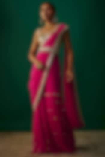 Fuchsia Pink Raw Silk & Georgette Bead Embroidered Sharara Saree Set by Kresha Lulla