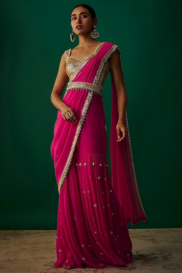 Fuchsia Pink Raw Silk & Georgette Bead Embroidered Sharara Saree Set by Kresha Lulla