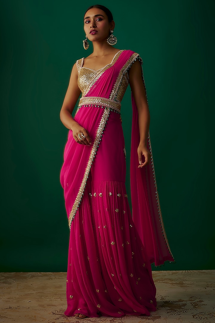 Fuchsia Pink Raw Silk & Georgette Bead Embroidered Sharara Saree Set by Kresha Lulla at Pernia's Pop Up Shop