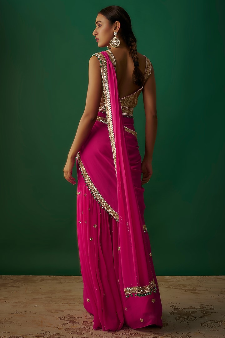 Fuchsia Pink Raw Silk & Georgette Bead Embroidered Sharara Reception Saree Set by Kresha Lulla at Pernia's Pop Up Shop
