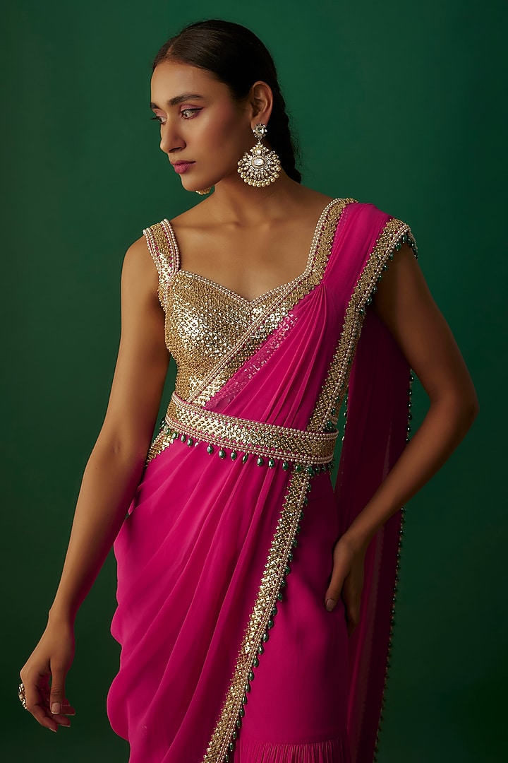 Fuchsia Pink Raw Silk & Georgette Bead Embroidered Sharara Reception Saree Set by Kresha Lulla at Pernia's Pop Up Shop