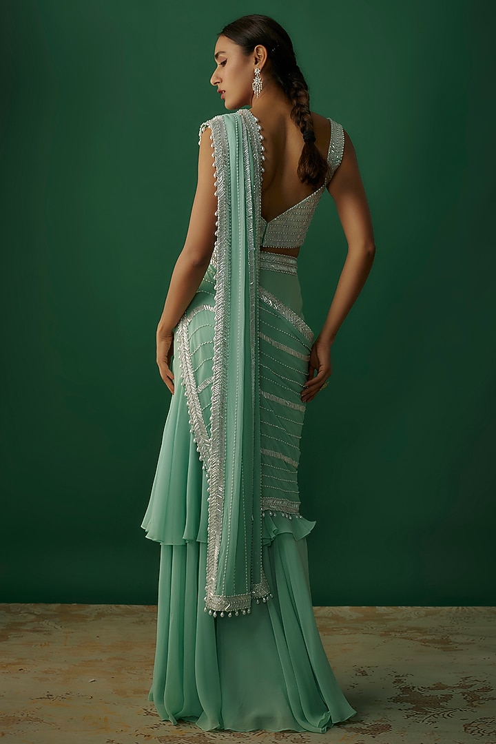 Aqua Georgette Sequins Embroidered Ruffled Pre-Stitched Reception Saree Set by Kresha Lulla at Pernia's Pop Up Shop