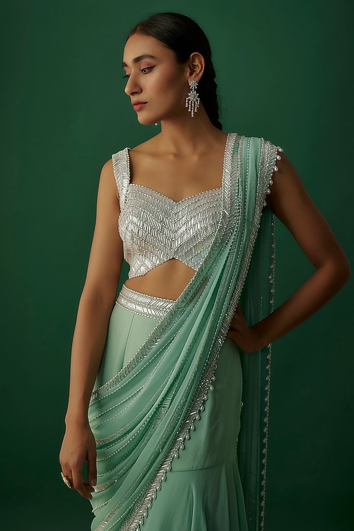 Aqua Georgette Sequins Embroidered Ruffled Pre-Stitched Reception Saree Set by Kresha Lulla at Pernia's Pop Up Shop