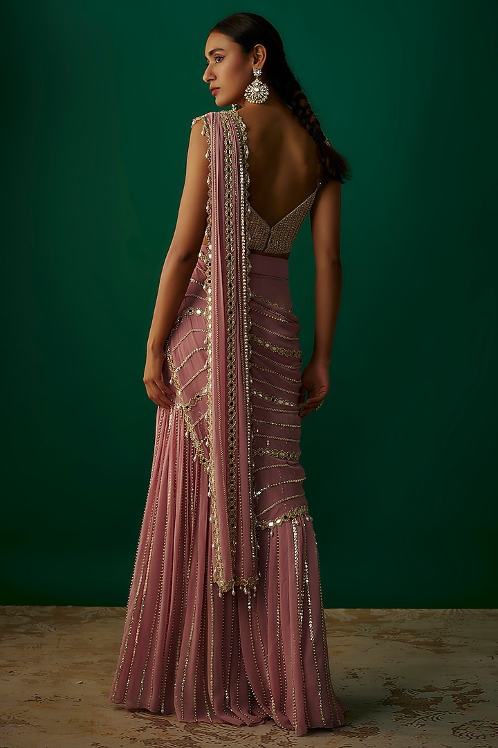 Onion Pink Raw Silk & Georgette Mirror Embroidered Sharara Reception Saree Set by Kresha Lulla at Pernia's Pop Up Shop
