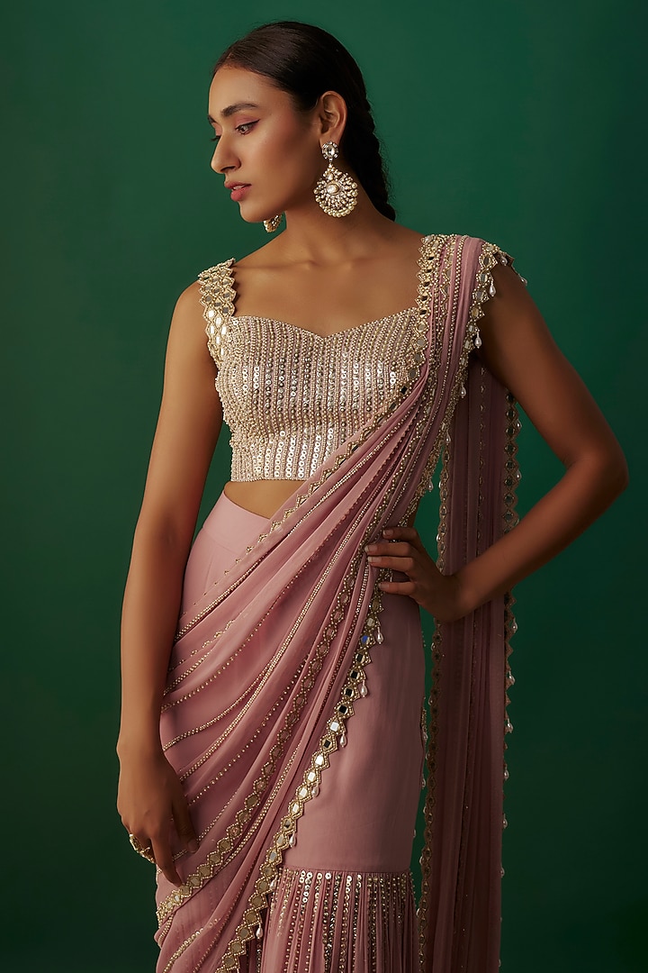 Onion Pink Raw Silk & Georgette Mirror Embroidered Sharara Reception Saree Set by Kresha Lulla at Pernia's Pop Up Shop