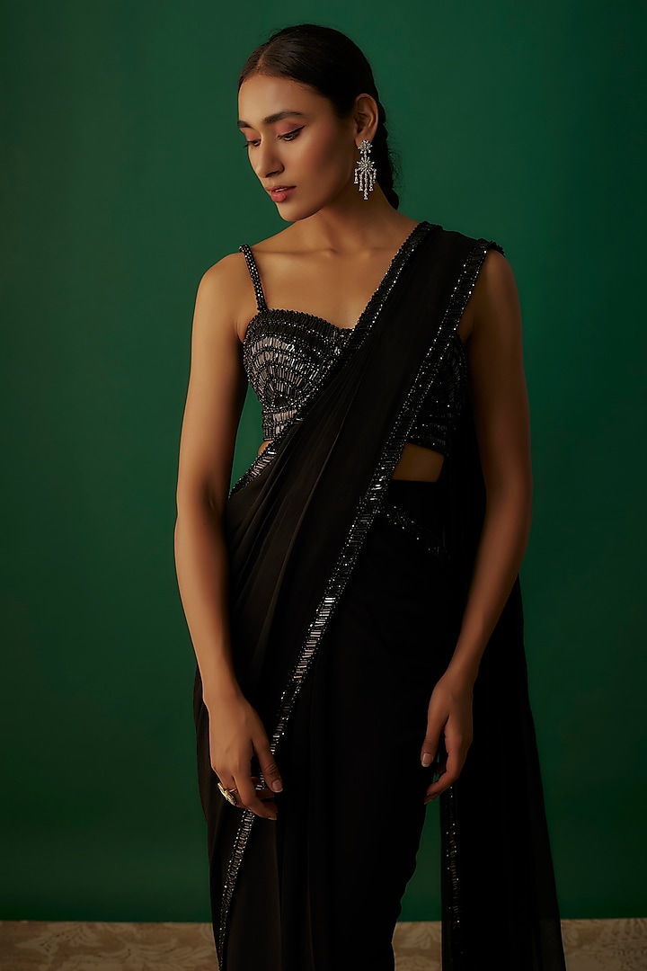 Black Raw Silk & Georgette Sequins Embroidered Pre-Stitched Reception Saree Set by Kresha Lulla at Pernia's Pop Up Shop