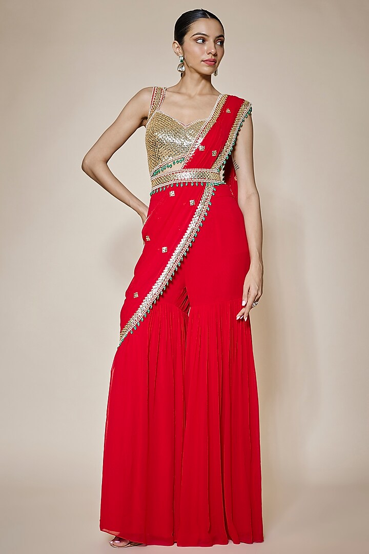 Red Georgette & Raw Silk Bead Embroidered Sharara Pant Saree Set by Kresha Lulla at Pernia's Pop Up Shop