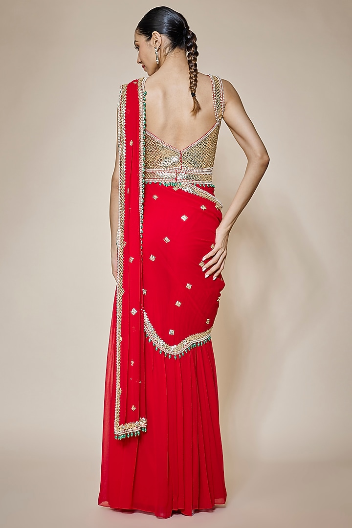 Red Georgette & Raw Silk Bead Embroidered Sharara Pant Reception Saree Set by Kresha Lulla at Pernia's Pop Up Shop