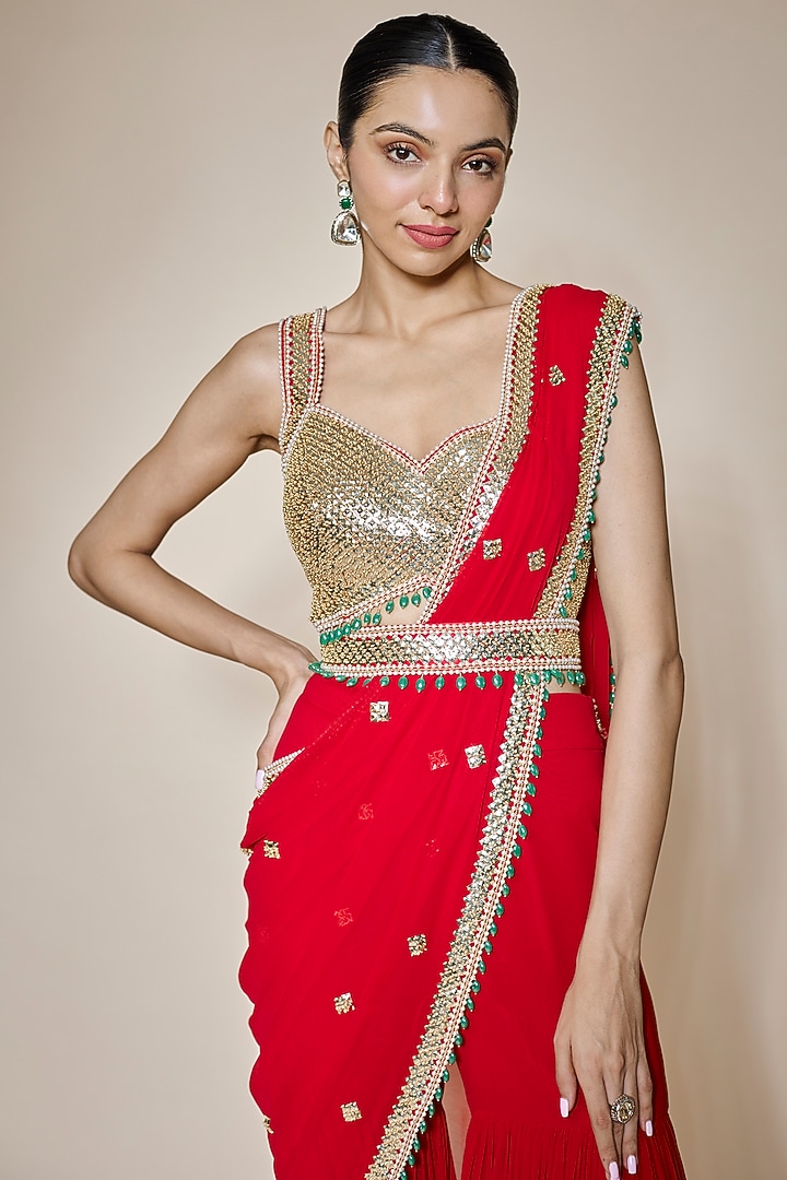 Red Georgette & Raw Silk Bead Embroidered Sharara Pant Reception Saree Set by Kresha Lulla at Pernia's Pop Up Shop