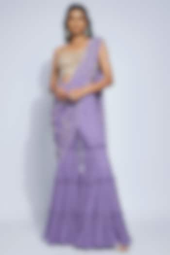 Lilac Georgette Draped Pant Saree Set by Kresha Lulla