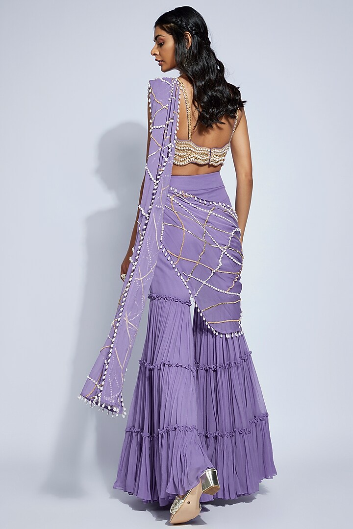 Lilac Georgette Draped Pant Reception Saree Set by Kresha Lulla at Pernia's Pop Up Shop