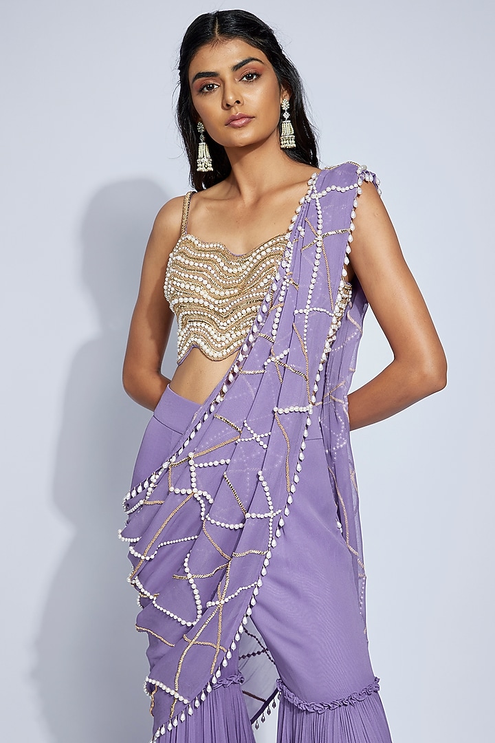 Lilac Georgette Draped Pant Reception Saree Set by Kresha Lulla at Pernia's Pop Up Shop