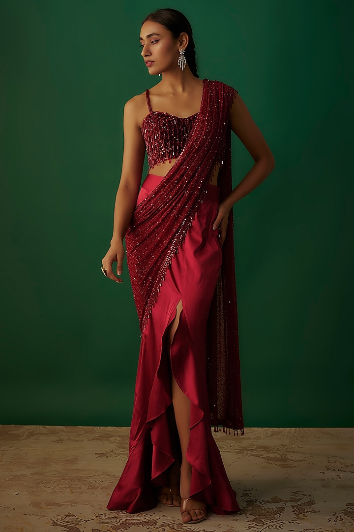 Red Satin & Net Embroidered Pre-Stitched Saree Set by Kresha Lulla