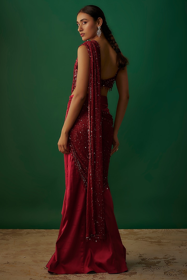 Red Satin & Net Embroidered Pre-Stitched Reception Saree Set by Kresha Lulla at Pernia's Pop Up Shop