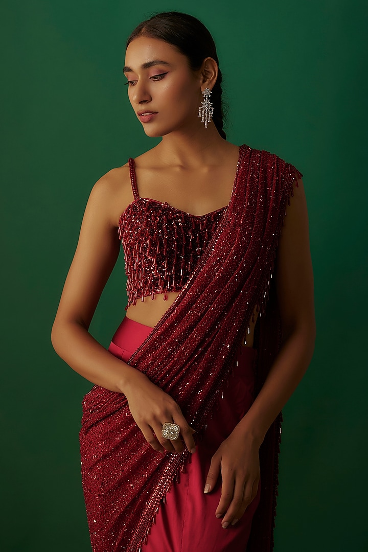 Red Satin & Net Embroidered Pre-Stitched Reception Saree Set by Kresha Lulla at Pernia's Pop Up Shop
