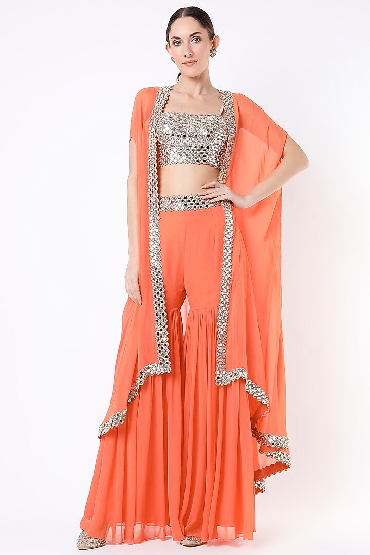 Orange Embroidered Cape Set by Kresha Lulla at Pernia's Pop Up Shop