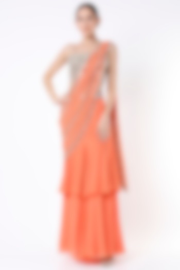 Orange Embroidered Ruffled Wedding Saree Set by Kresha Lulla at Pernia's Pop Up Shop