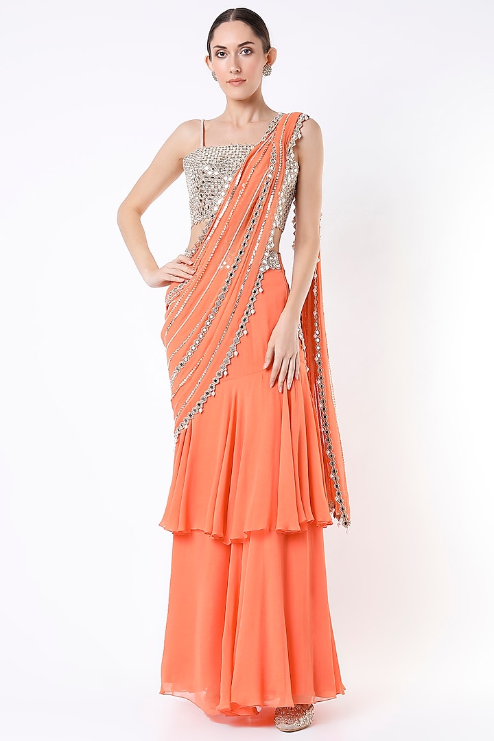 Orange Embroidered Ruffled Wedding Saree Set by Kresha Lulla at Pernia's Pop Up Shop