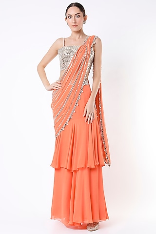 Orange Embroidered Ruffled Saree Set by Kresha Lulla