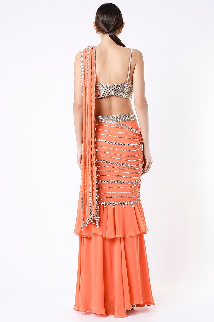 Orange Embroidered Ruffled Wedding Saree Set by Kresha Lulla at Pernia's Pop Up Shop