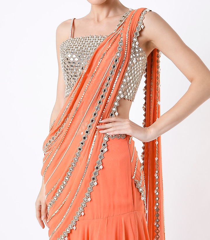 Orange Embroidered Ruffled Wedding Saree Set by Kresha Lulla at Pernia's Pop Up Shop