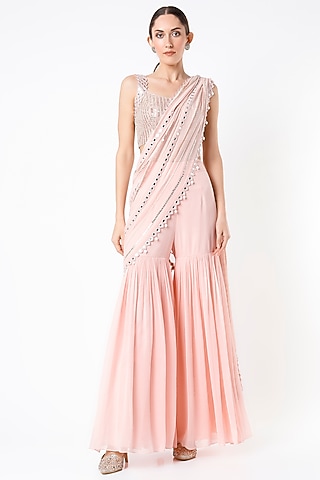Peach Georgette & Raw Silk Mirror Embroidered Sharara Saree Set by Kresha Lulla