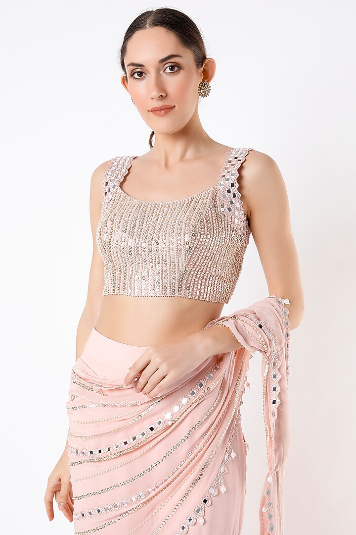 Peach Georgette & Raw Silk Mirror Embroidered Sharara Wedding Saree Set by Kresha Lulla at Pernia's Pop Up Shop
