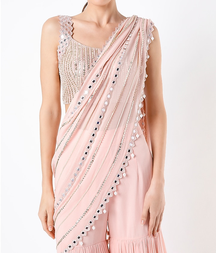Peach Georgette & Raw Silk Mirror Embroidered Sharara Wedding Saree Set by Kresha Lulla at Pernia's Pop Up Shop