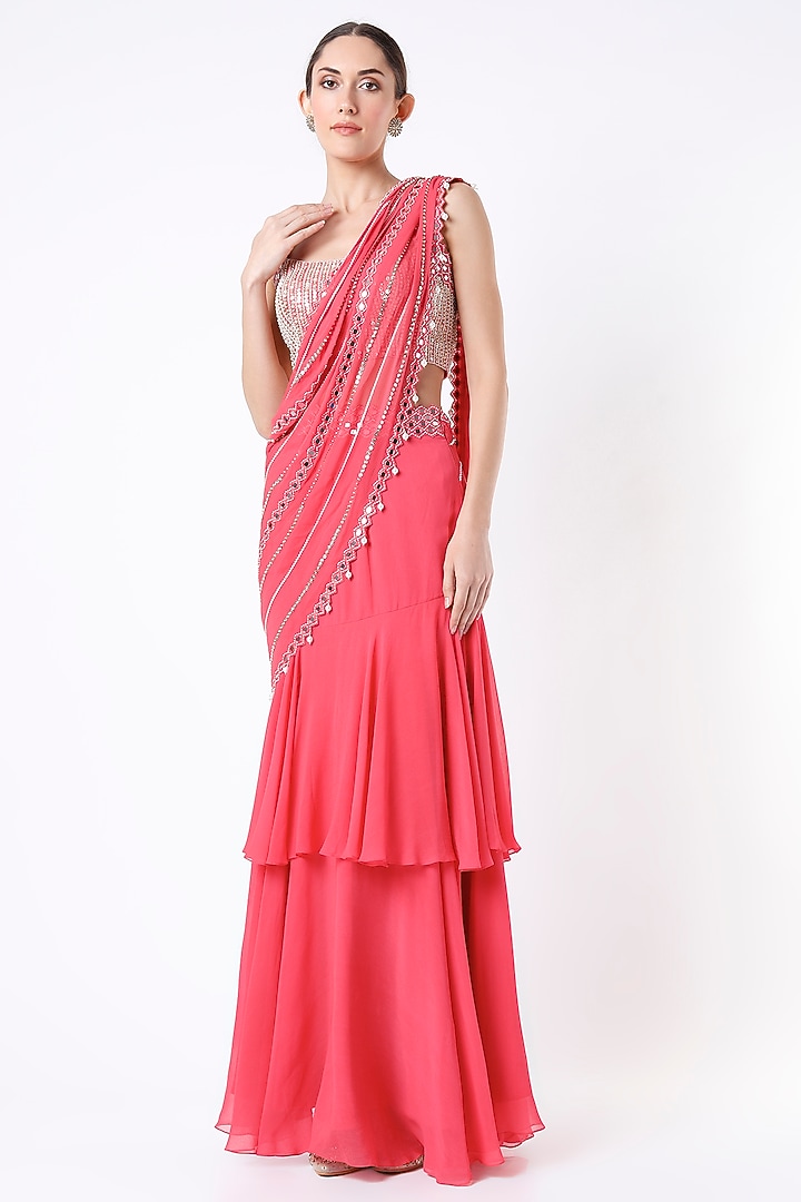 Bright Pink Embroidered Ruffled Wedding Saree Set by Kresha Lulla at Pernia's Pop Up Shop