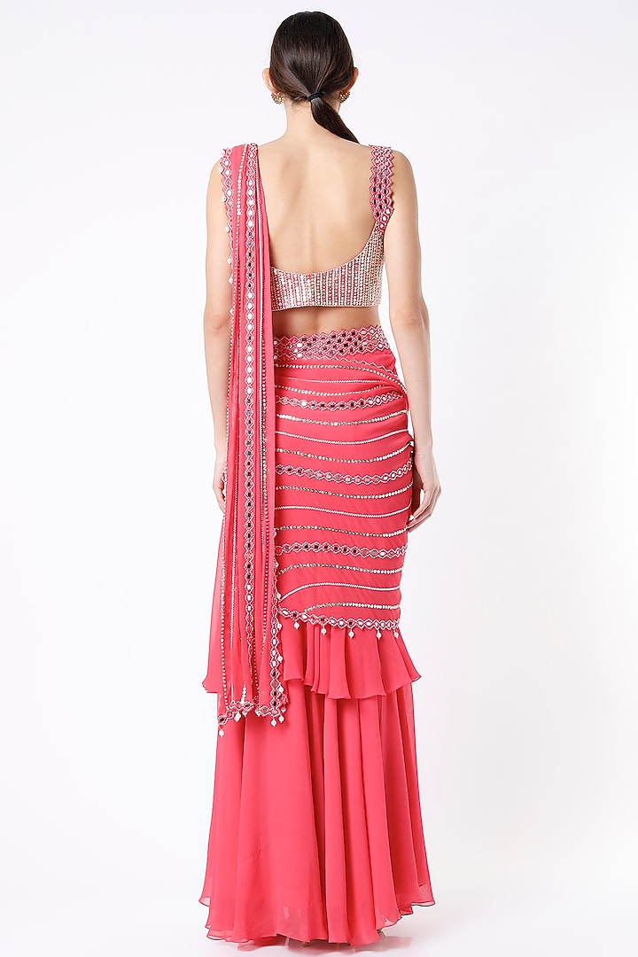 Bright Pink Embroidered Ruffled Wedding Saree Set by Kresha Lulla at Pernia's Pop Up Shop