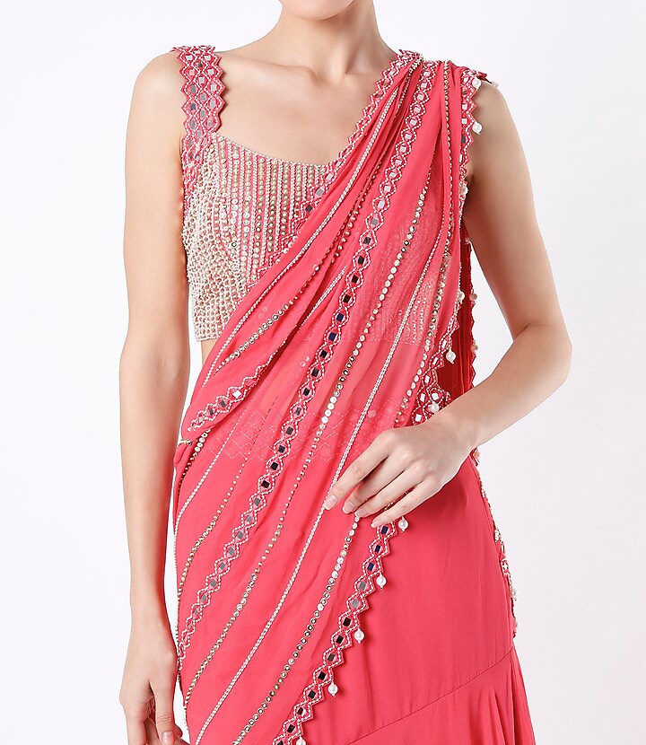 Bright Pink Embroidered Ruffled Wedding Saree Set by Kresha Lulla at Pernia's Pop Up Shop