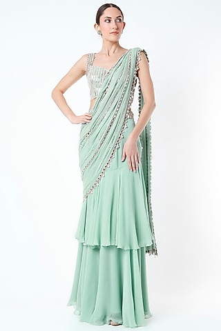 Mint Green Embroidered Ruffled Saree Set by Kresha Lulla