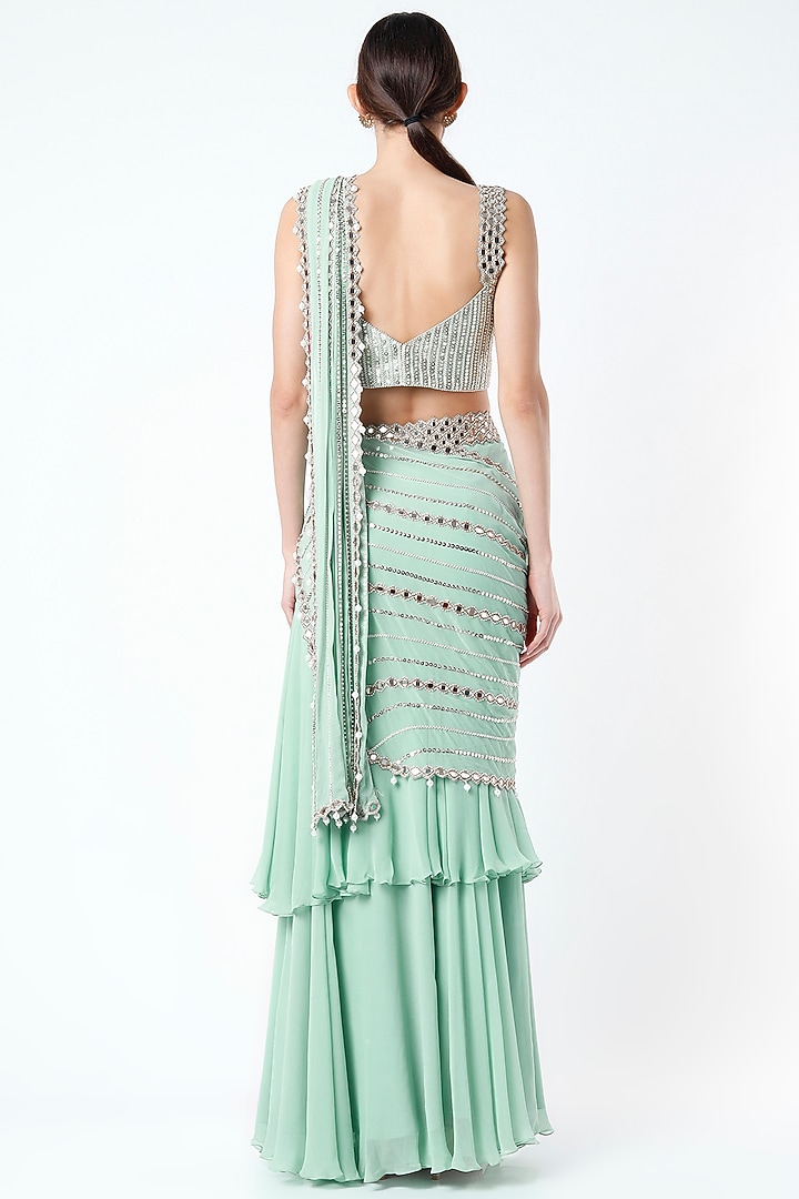 Mint Green Embroidered Ruffled Wedding Saree Set by Kresha Lulla at Pernia's Pop Up Shop