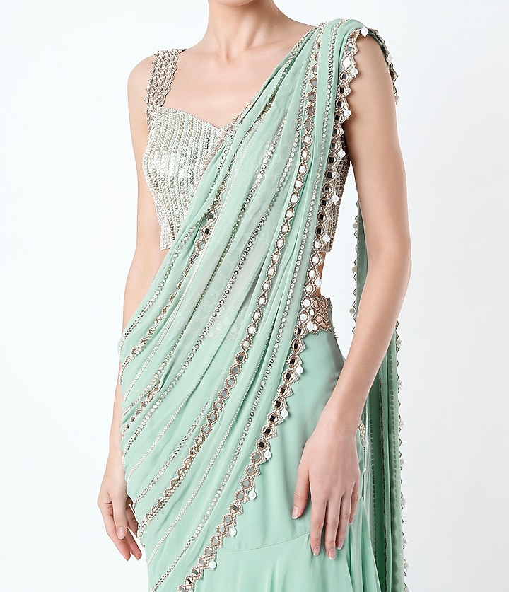 Mint Green Embroidered Ruffled Wedding Saree Set by Kresha Lulla at Pernia's Pop Up Shop