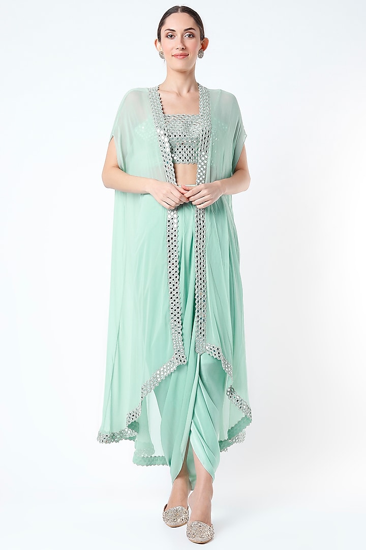 Mint Green Embroidered Cape Set by Kresha Lulla
