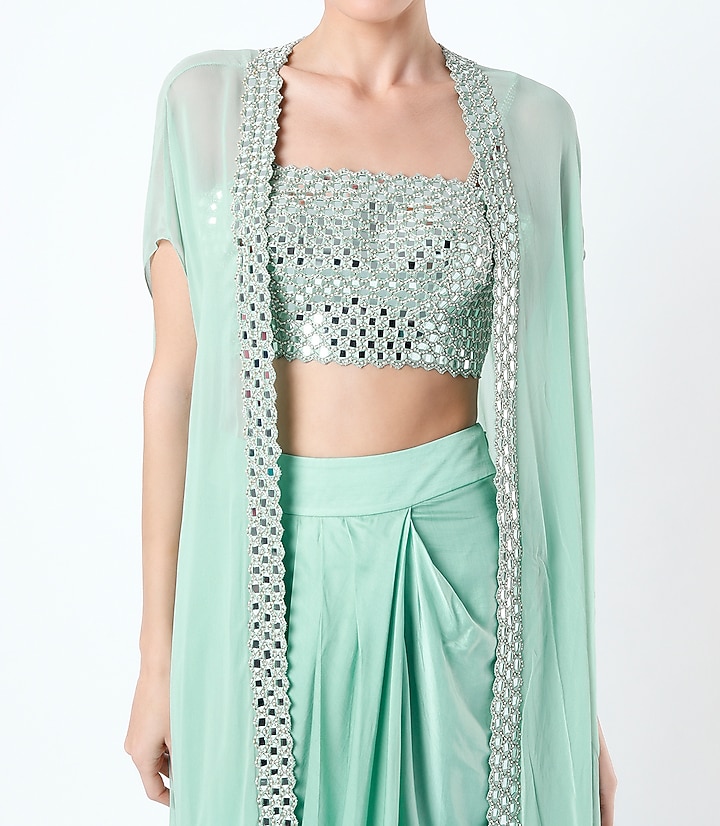 Mint Green Embroidered Cape Set by Kresha Lulla at Pernia's Pop Up Shop