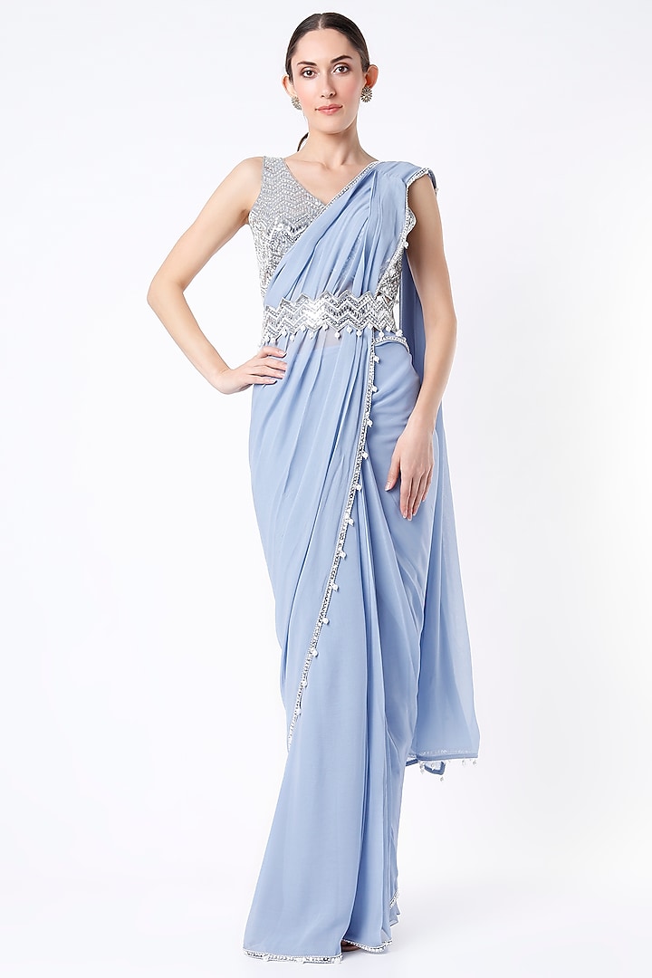 Periwinkle Blue Embroidered Pre-Stitched Wedding Saree Set by Kresha Lulla at Pernia's Pop Up Shop