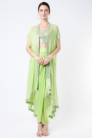 Lime Cotton Satin Dhoti Set by Kresha Lulla