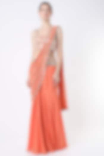Coral Georgette & Raw Silk Mirror Work Skirt Saree Set by Kresha Lulla
