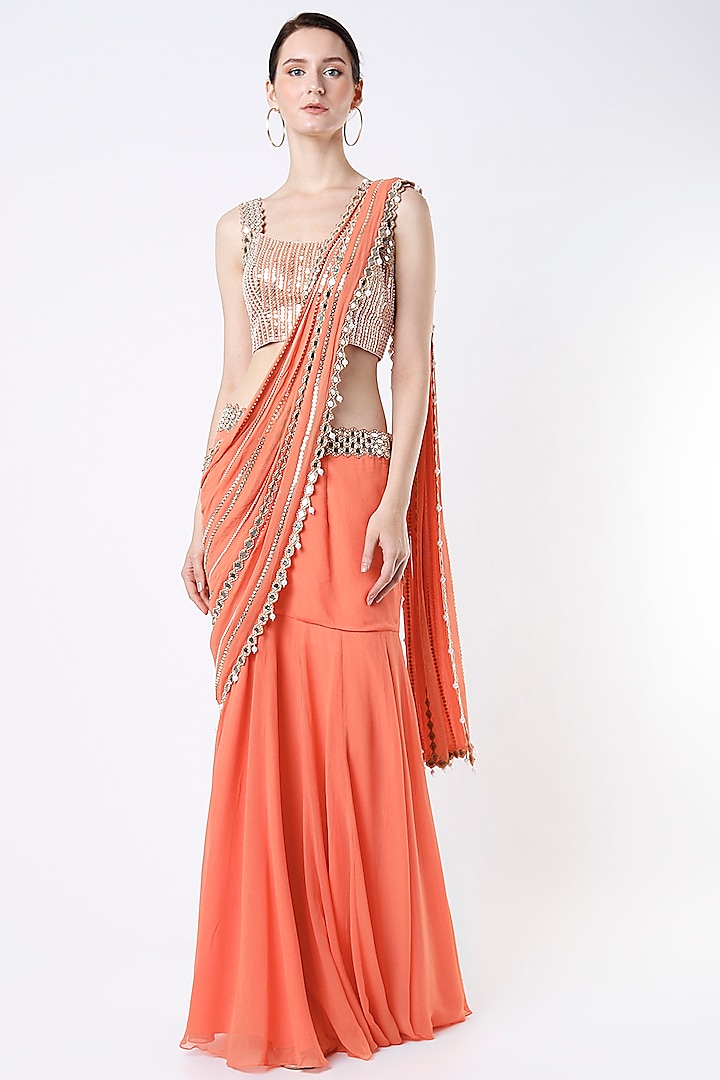 Coral Georgette & Raw Silk Mirror Work Skirt Saree Set by Kresha Lulla